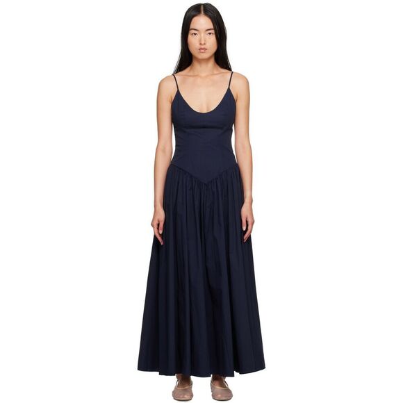 Staud Women's Navy Spaghetti Strap Drop Waist Poplin Dena Maxi Dress Sz 12 NWOT - Picture 4 of 15